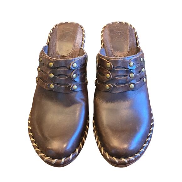 Frye‎ Charlotte Boho Mule Clog Size 9 Brown Leather Whipstitch 3" Heels 70850 - Picture 1 of 10